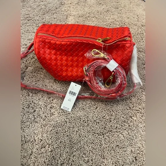 NWT new Anthropologie woven shoulder bag red faux leather zipper purse - Picture 9 of 14